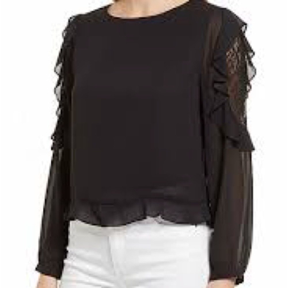 Philosophy Serafini Black Lace Sleeve Blouse Ruffle Sheer Sleeve Top
